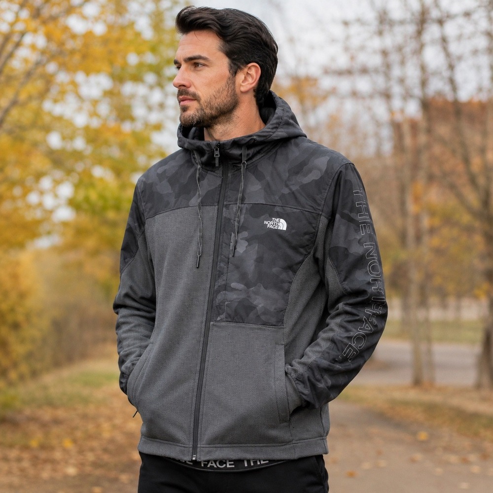 The North Face NF0A3RNG Men's M Gray Camo Hooded Hybrid Fleece Jacket Full Zip